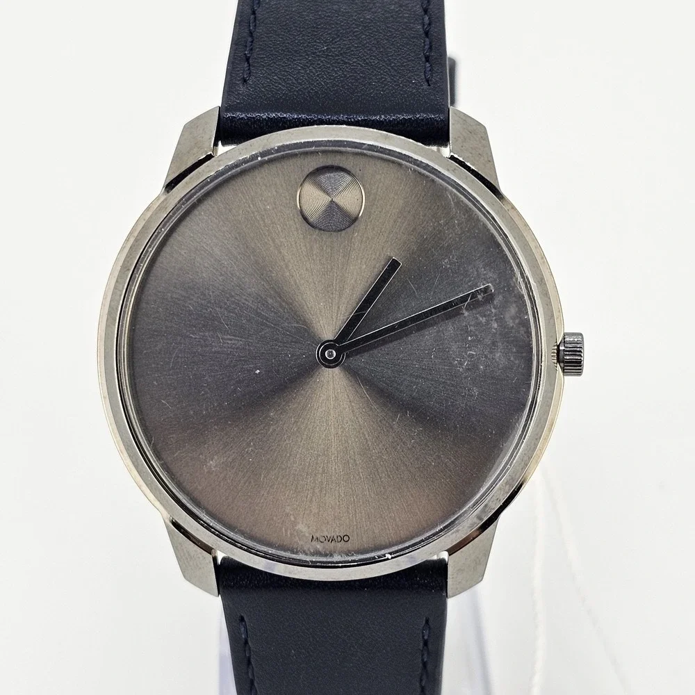 Movado Bold Men's Watch 42MM Gray Dial Dark Blue Leather Bands New Battery